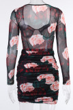 Black Sexy College Print Floral Square Collar Pencil Skirt Dresses