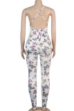 White Sexy Fashion Print Backless Milk. Sleeveless O Neck Jumpsuits