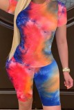 Blue Polyester Fashion Sexy adult O Neck Patchwork Print Tie Dye Two Piece Suits Stitching Plus Size