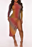 Multicolor Fashion Sexy Print Slit O Neck Long Sleeve Dresses