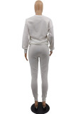 White Casual Solid Pocket O Neck Long Sleeve Two Pieces