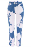 Blue White Fashion Casual Print Basic High Waist Straight Jeans