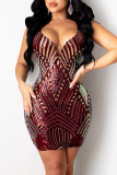 Red Fashion Sexy Patchwork Sequins Backless V Neck Sling Dress
