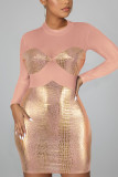 Pink Sexy Print Patchwork O Neck Pencil Skirt Dresses