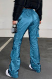 Blue Casual Solid Pocket Regular High Waist Speaker Bottoms