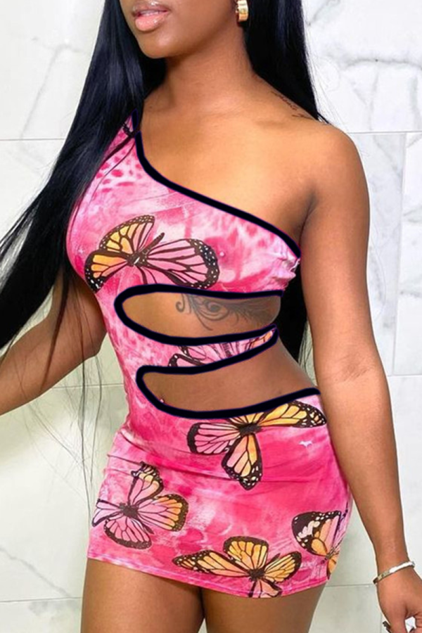 Pink Sexy Print Hollowed Out One Shoulder Pencil Skirt Dresses
