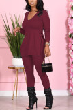 Pink Fashion Sexy Adult Polyester Solid Split Joint V Neck Long Sleeve Regular Sleeve Regular Two Pieces