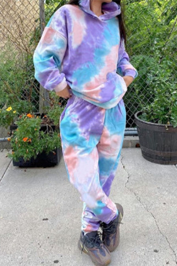 multicolor Daily Print Patchwork Tie-dye Hooded Collar Long Sleeve Two Pieces