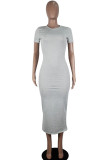 Grey Polyester Fashion Casual adult Ma'am Cap Sleeve Short Sleeves O neck Pencil Dress Mid-Calf Solid Dresses