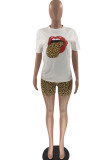 Black Fashion Sexy adult Leopard Patchwork Print Camouflage Two Piece Suits Lips Print pencil Short Sleeve Two Pieces