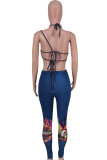 Deep Blue Fashion Sexy Print Backless Strap Design Sleeveless Two Pieces