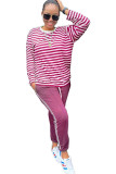 fuchsia Casual Two Piece Suits Striped Straight Long Sleeve Two-piece Pants Set
