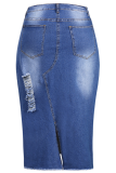 Blue Casual Patchwork Tassel Straight Mid Waist Straight Patchwork Bottoms