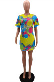 Yellow Fashion Casual Print Basic O Neck Short Sleeve Dress