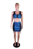 Blue Fashion Sexy Patchwork Strap Design V Neck Sleeveless Two Pieces
