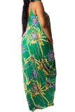 Light Green Polyester Fashion Sexy adult Ma'am Spaghetti Strap Sleeveless Slip Swagger Floor-Length Print Dresses