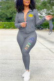 Grey Fashion Casual Print Letter Hooded Collar Long Sleeve Two Pieces（With Mask)