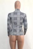 Grey Polyester Turtleneck Long Sleeve Slim fit Solid Zippered Plaid Long Sleeve Tops