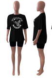 Black Casual Print Split Joint O Neck Short Sleeve Two Pieces