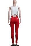 rose red Fashion street Patchwork Solid Sleeveless O Neck Jumpsuits