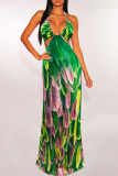 Green Sexy Print Split Joint Halter Printed Dress Dresses