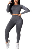 Black Fashion Sexy Adult Polyester Solid Split Joint O Neck Long Sleeve Regular Sleeve Regular Two Pieces