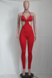 Pink Sexy Solid Hollowed Out Halter Skinny Jumpsuits