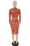 Orange Street Fashion adult Print Two Piece Suits Hip skirt Long Sleeve Two-Piece Dress