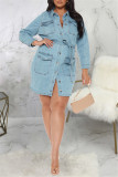 Blue Fashion Casual Solid Basic Turndown Collar Denim Dress