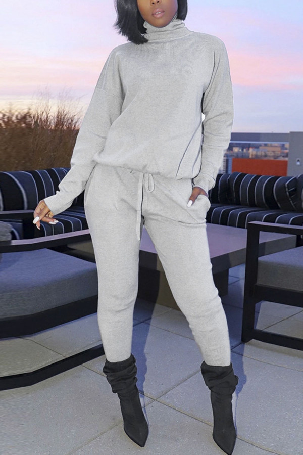 Grey Fashion Casual Solid Basic Turtleneck Long Sleeve Two Pieces