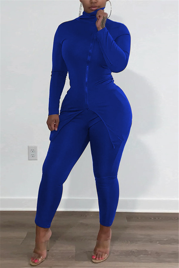 Royal Blue Fashion Casual Solid Slit Turtleneck Long Sleeve Two Pieces