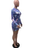 Baby Blue Casual Polyester Milk Fiber Print Butterfly Print O Neck Long Sleeve Mini A Line Dresses
