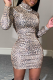 Coffee Sexy Animal Print Patchwork Turtleneck Pencil Skirt Dresses