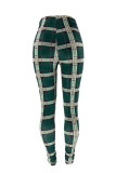 Green Casual Plaid Print Ripped Without Belt Regular Mid Waist Pencil Bottoms