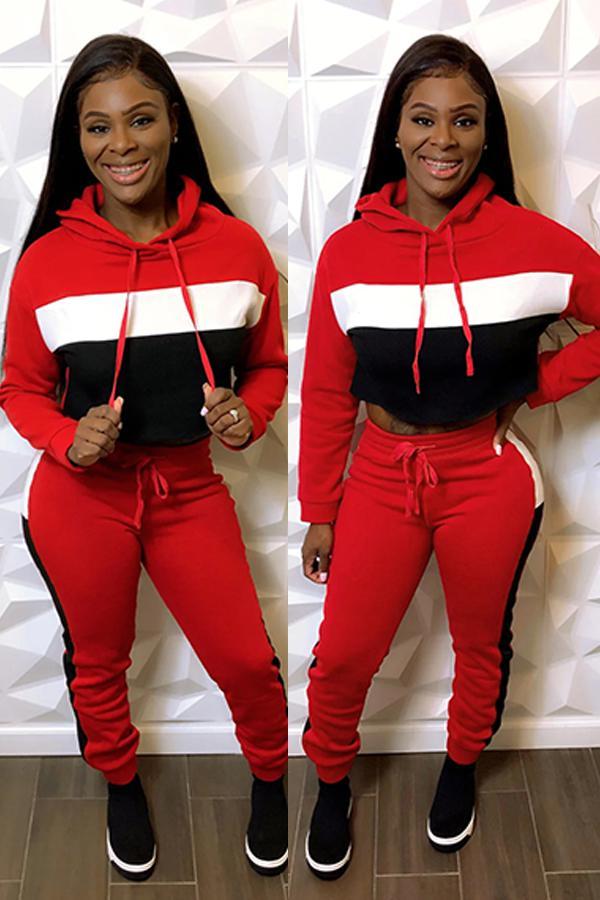 Red adult Casual Fashion Patchwork Two Piece Suits Solid pencil Long Sleeve Two-piece Pants S