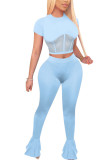 Light Blue Polyester Fashion Sexy adult Ma'am Patchwork Solid Two Piece Suits Straight Short Sleeve Two Pieces