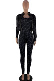 Black OL Striped Two Piece Suits Skinny Long Sleeve Two-piece Pants Set