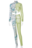 Green Sexy Camouflage Print See-through Mesh Half A Turtleneck Long Sleeve Two Pieces