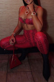 Red Fashion Sexy Print Hollowed Out Strap Design Spaghetti Strap Sleeveless Two Pieces