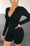 Grey Fashion Casual Solid Basic Zipper Collar Long Sleeve Skinny Romper