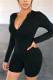 Black Fashion Casual Solid Basic Zipper Collar Long Sleeve Skinny Romper