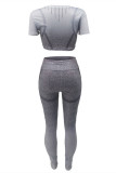 Grey Casual Sportswear Print Basic O Neck Short Sleeve Two Pieces