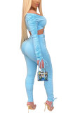 Blue Polyester Fashion Sexy adult Patchwork Solid Draped asymmetrical Two Piece Suits Regular Long Sleeve Two Pieces