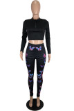 Black Fashion Casual Butterfly Print Basic Zipper Collar Long Sleeve Two Pieces