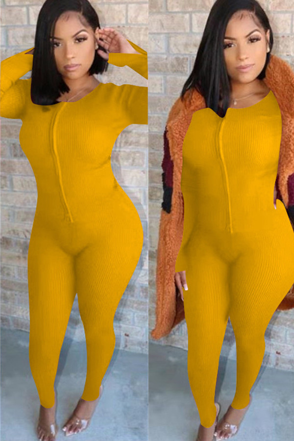 Yellow Casual Solid Two Piece Suits Straight Long Sleeve Two-piece Pants Set
