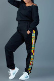 Black Fashion Casual Print Patchwork V Neck Long Sleeve Two Pieces