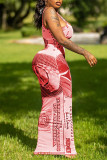 Red Sexy Casual Print Backless Square Collar Sling Dress