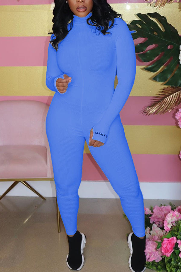 Blue Fashion street Solid Long Sleeve O Neck Jumpsuits