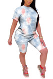 celadon Polyester Fashion Casual adult Patchwork Tie Dye Two Piece Suits pencil Short Sleeve Two Pieces
