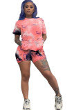 Pink Polyester Fashion Casual adult Ma'am Print Tie Dye Two Piece Suits pencil Short Sleeve Two Pieces